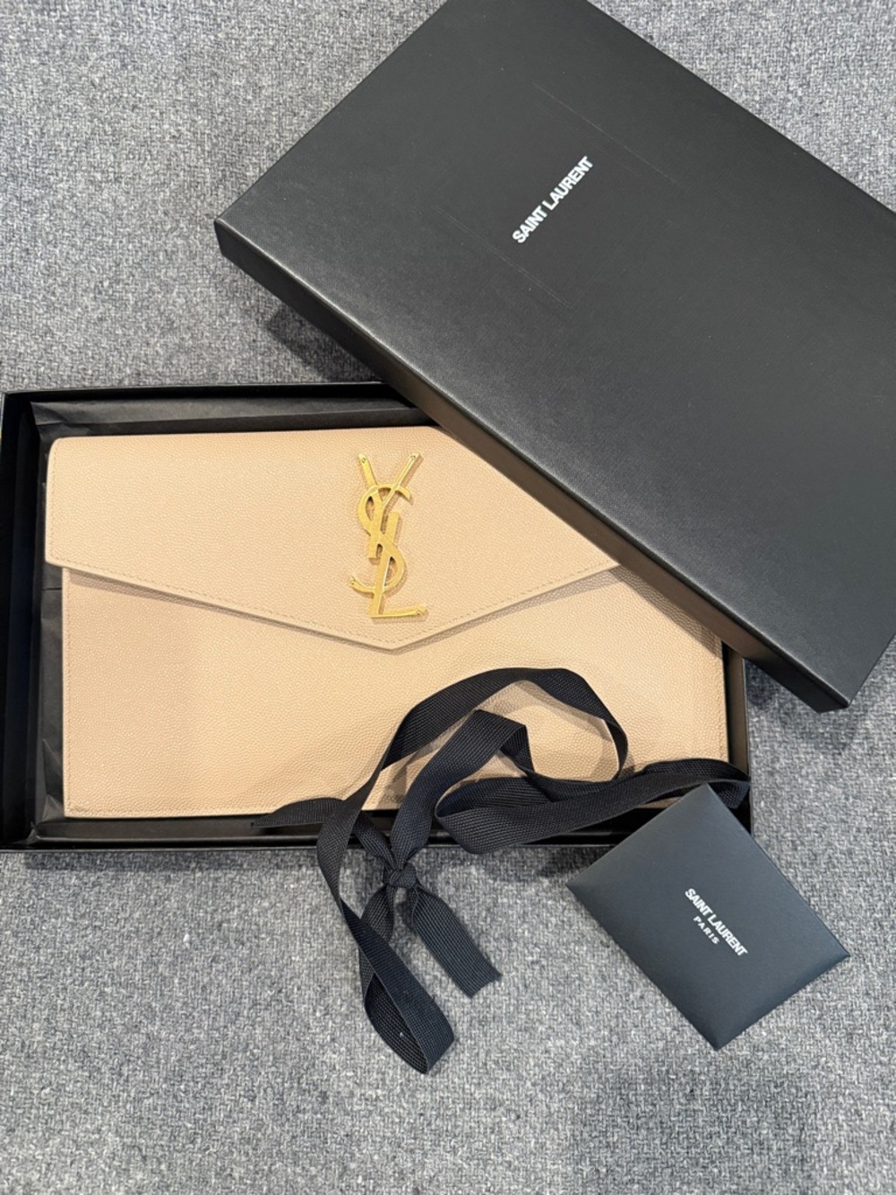 Saint Laurent UPTOWN POUCH IN GRAIN DE POUDRE  Dark Beige with Gold YSL Emblem